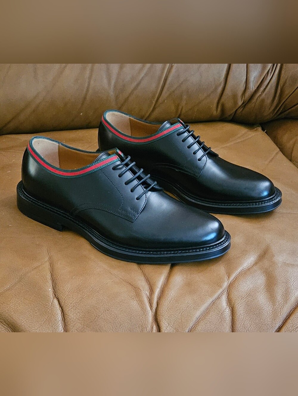 New Men's Gucci Black Leather Bumble Bee Derby Oxford Dress Shoes Size 5